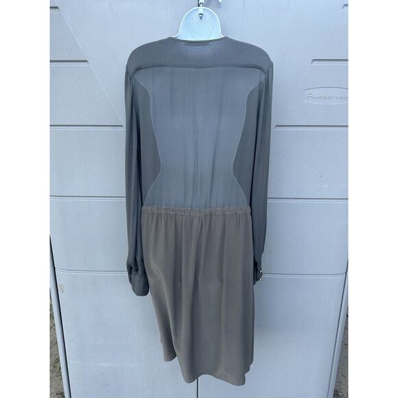 Chloe Sheer Olive Green 100% Silk V-neck Drop Waist Dress Gold Buttons FR40/US 8 - Picture 6 of 16